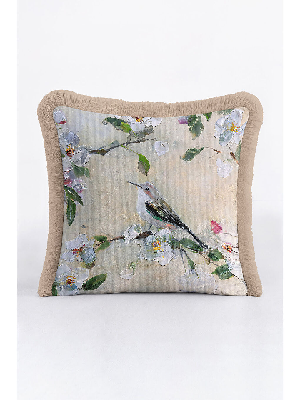 Karışık Pastoral Çiçekli Saçaklı Yastık Kılıfı - Doğal Bahar Kuş Rustik Krem Püsküllü Kırlent Kılıfı-4