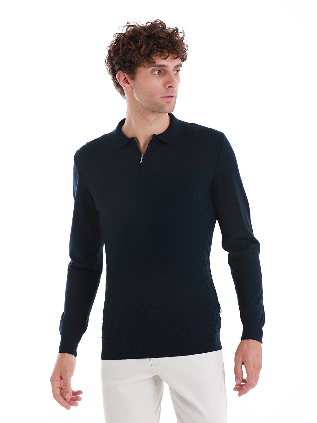 Lacivert Regular Fit Jakarlı Polo Yaka Yünlü Triko Kazak-3