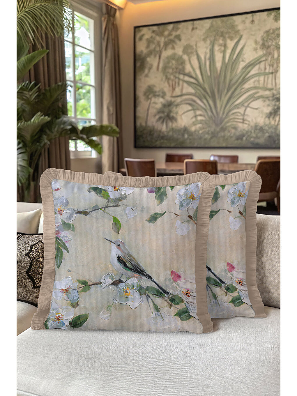 Karışık Pastoral Çiçekli Saçaklı Yastık Kılıfı - Doğal Bahar Kuş Rustik Krem Püsküllü Kırlent Kılıfı-5