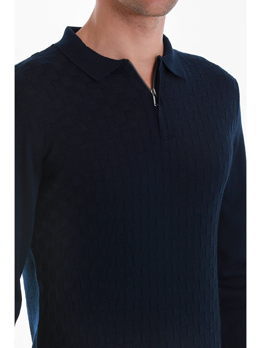 Lacivert Regular Fit Jakarlı Polo Yaka Yünlü Triko Kazak-4