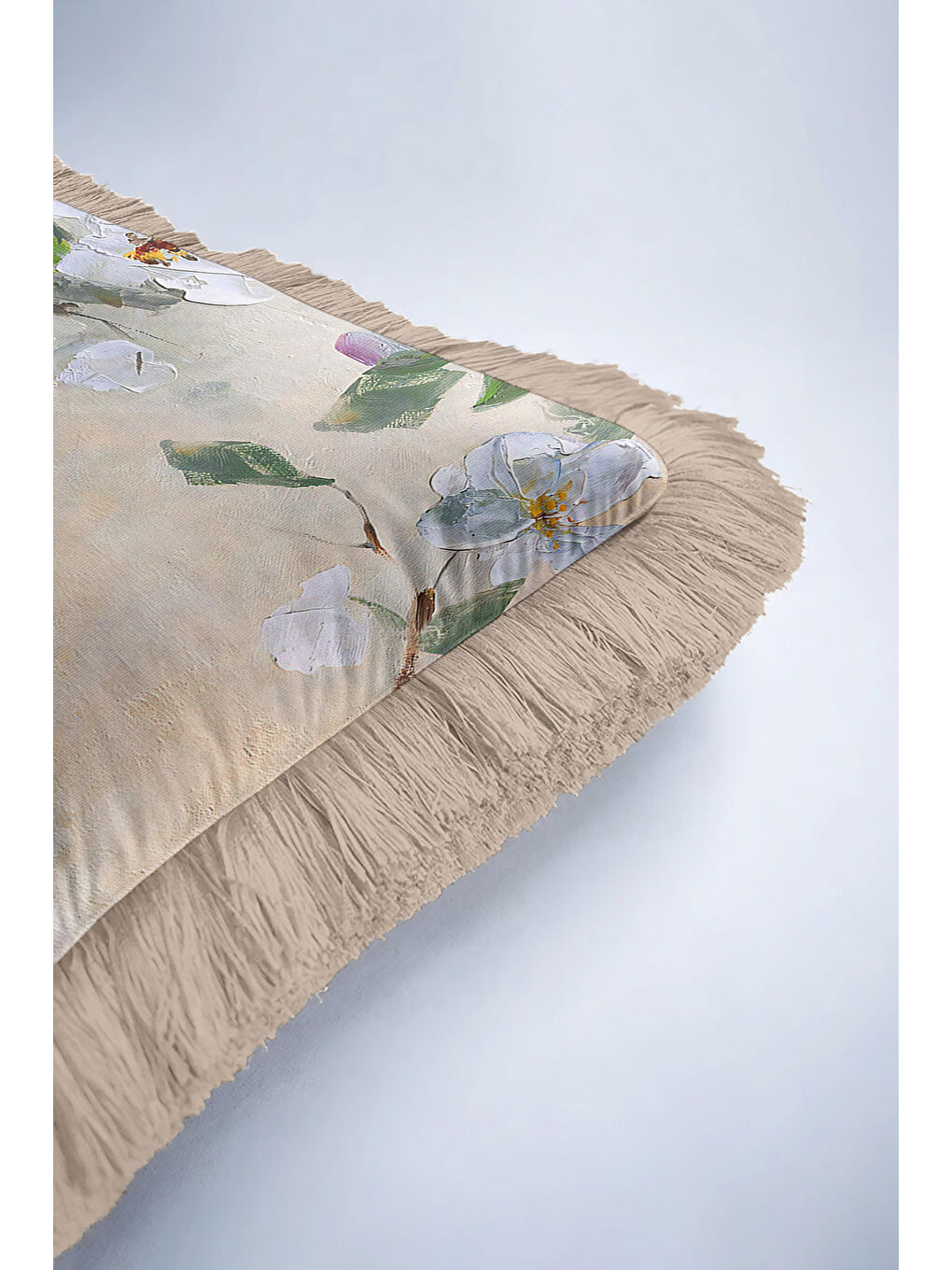 Karışık Pastoral Çiçekli Saçaklı Yastık Kılıfı - Doğal Bahar Kuş Rustik Krem Püsküllü Kırlent Kılıfı-6