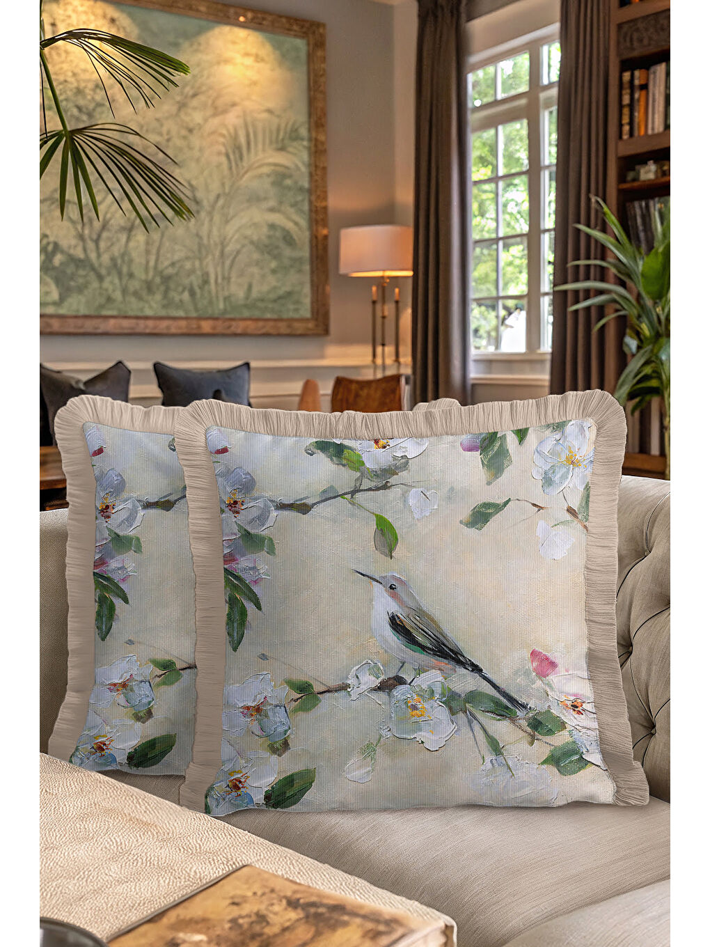 Karışık Pastoral Çiçekli Saçaklı Yastık Kılıfı - Doğal Bahar Kuş Rustik Krem Püsküllü Kırlent Kılıfı-7