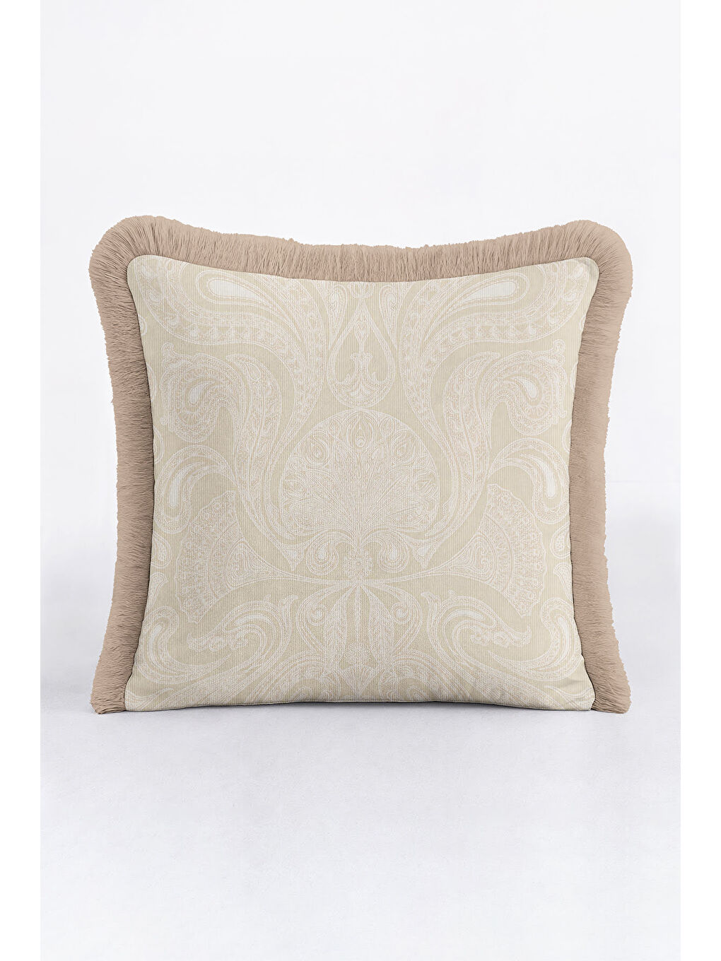 Karışık Zarif Osmanlı Motifli Saçaklı Yastık Kılıfı - Etnik Klasik Bej Altın Renkli Püsküllü Kırlent Kılıfı