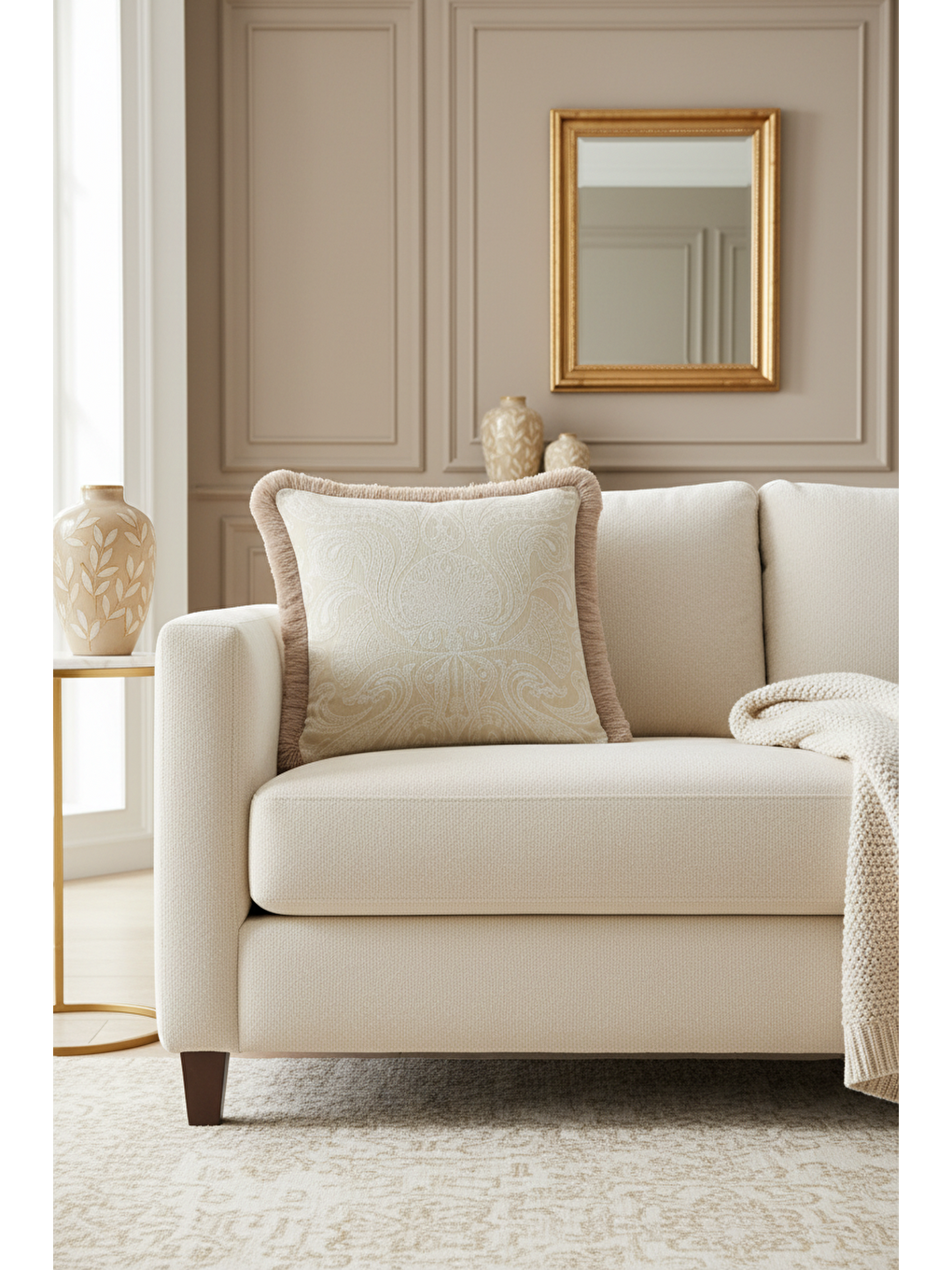 Karışık Zarif Osmanlı Motifli Saçaklı Yastık Kılıfı - Etnik Klasik Bej Altın Renkli Püsküllü Kırlent Kılıfı-1