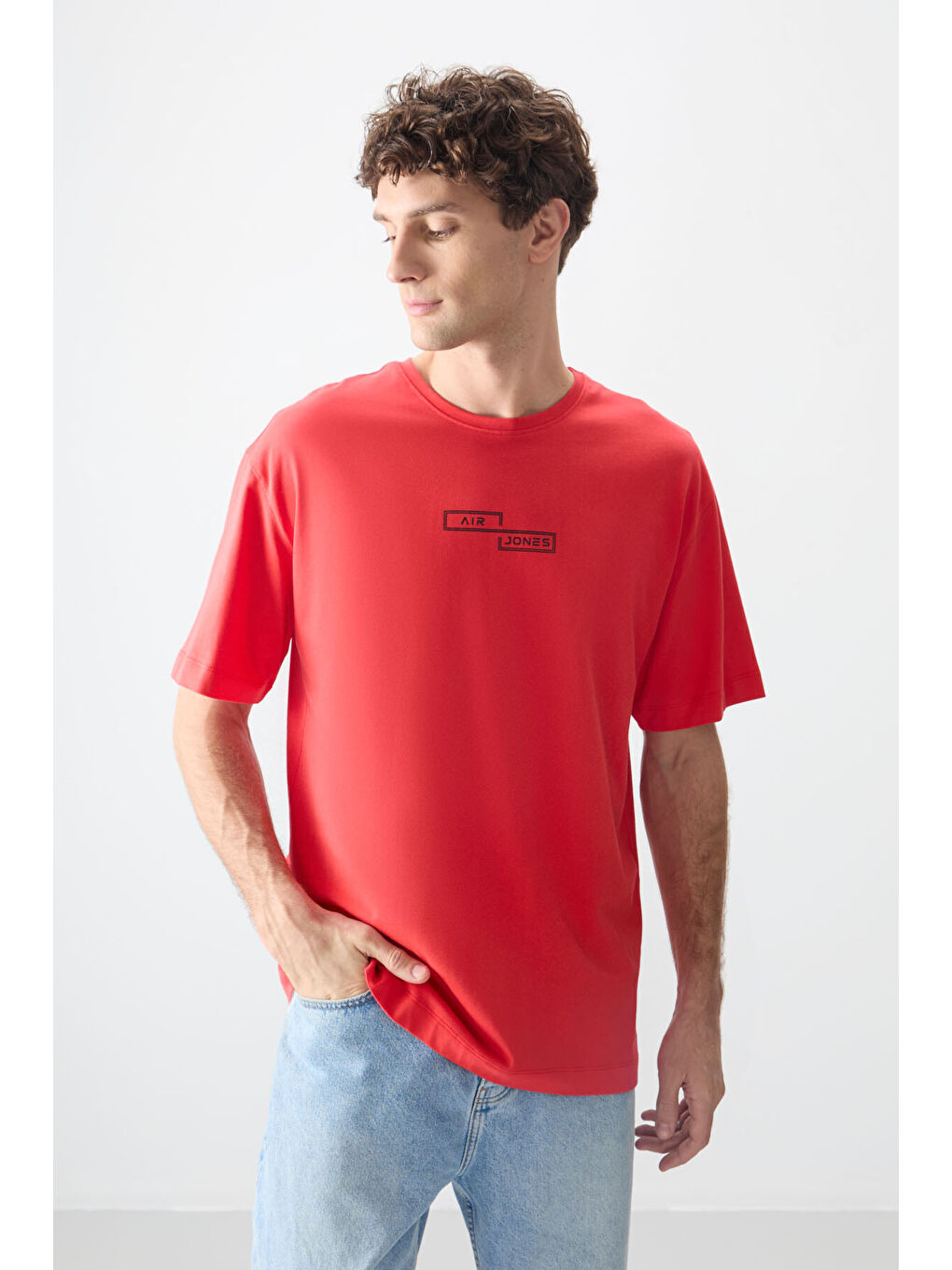 Kırmızı %100 Pamuk Kalın Yumuşak Dokulu Oversize Fit Baskılı Erkek Tişört - 88361