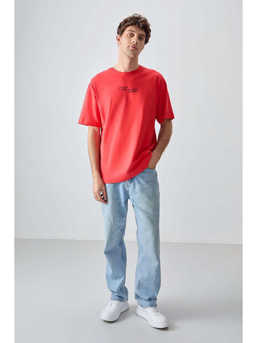 Kırmızı %100 Pamuk Kalın Yumuşak Dokulu Oversize Fit Baskılı Erkek Tişört - 88361-1