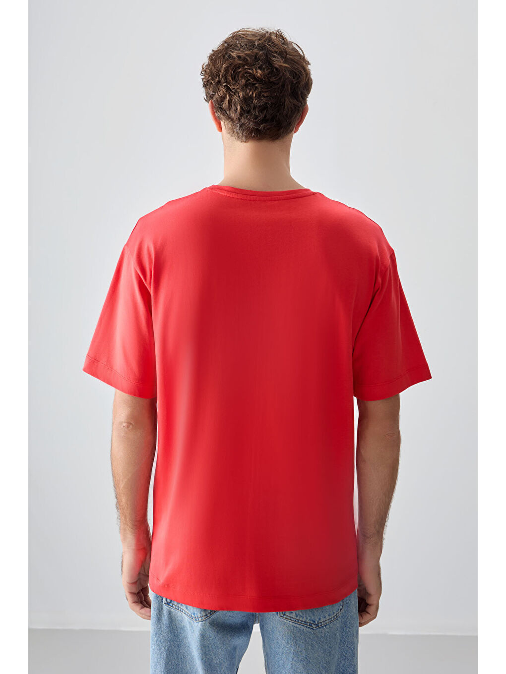 Kırmızı %100 Pamuk Kalın Yumuşak Dokulu Oversize Fit Baskılı Erkek Tişört - 88361-3