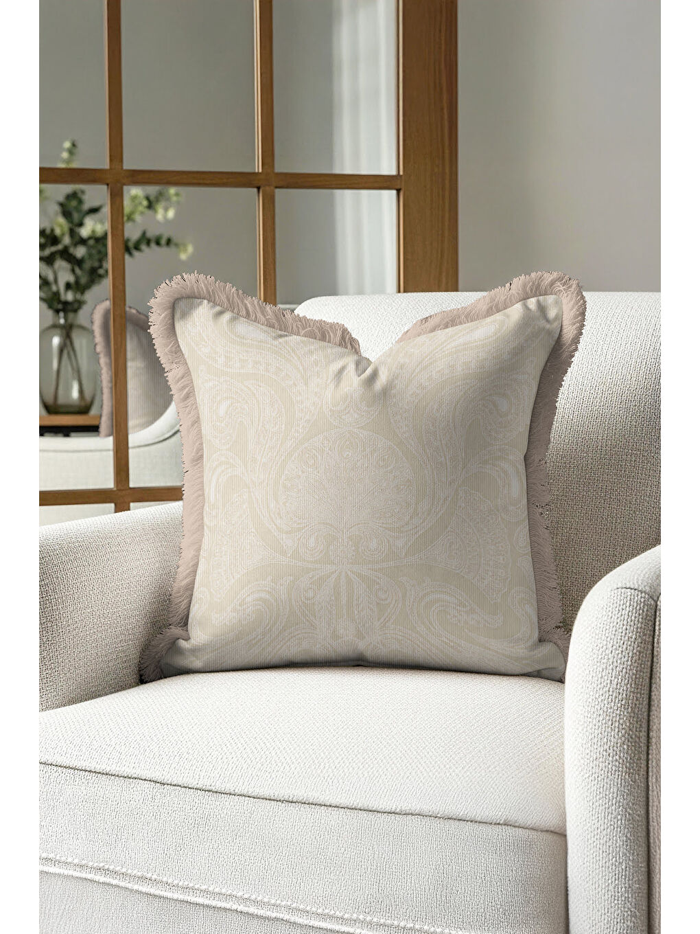 Karışık Zarif Osmanlı Motifli Saçaklı Yastık Kılıfı - Etnik Klasik Bej Altın Renkli Püsküllü Kırlent Kılıfı-4