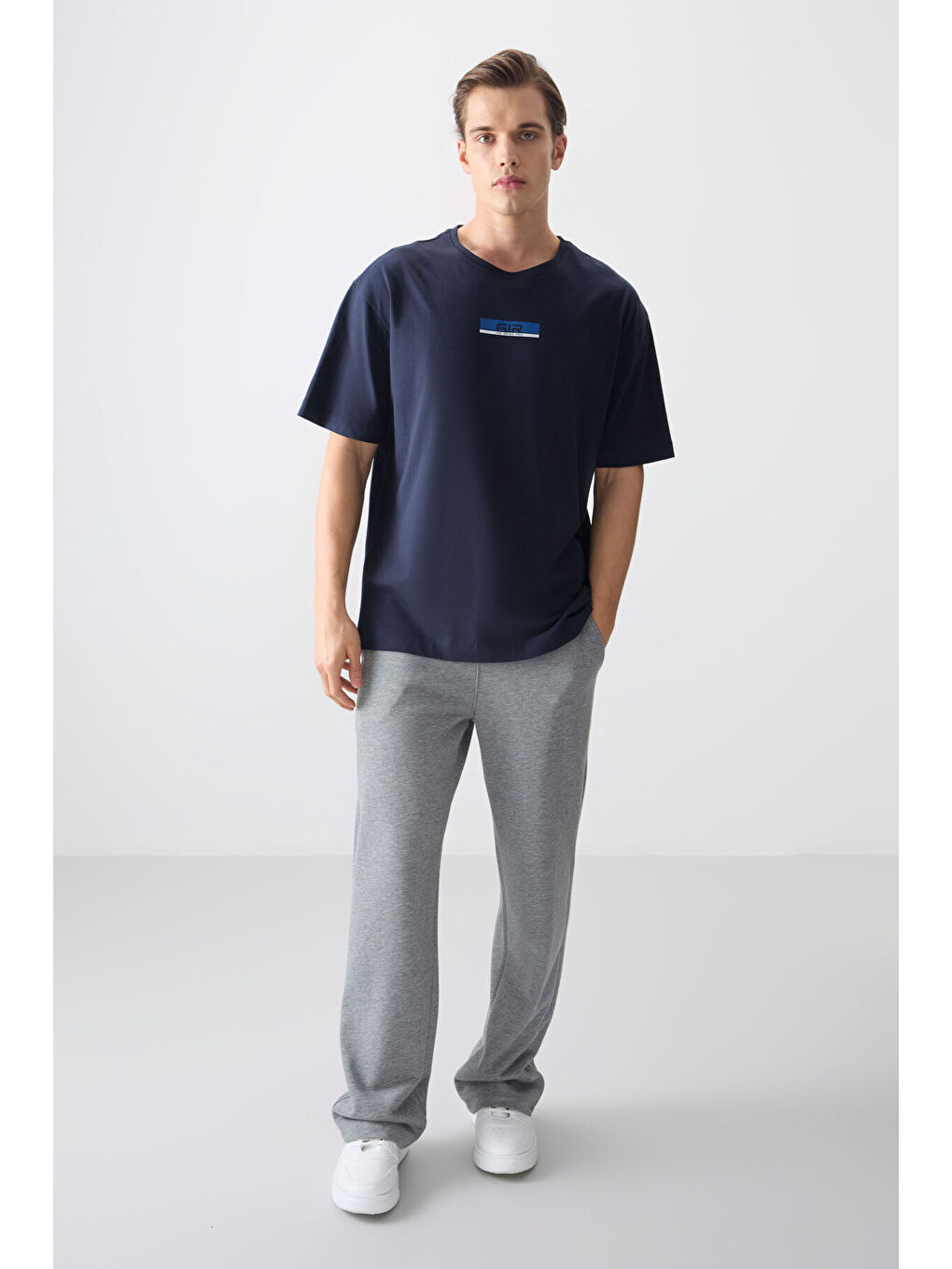 Lacivert %100 Pamuk Kalın Yumuşak Dokulu Oversize Fit Baskılı Erkek Tişört - 88359-2