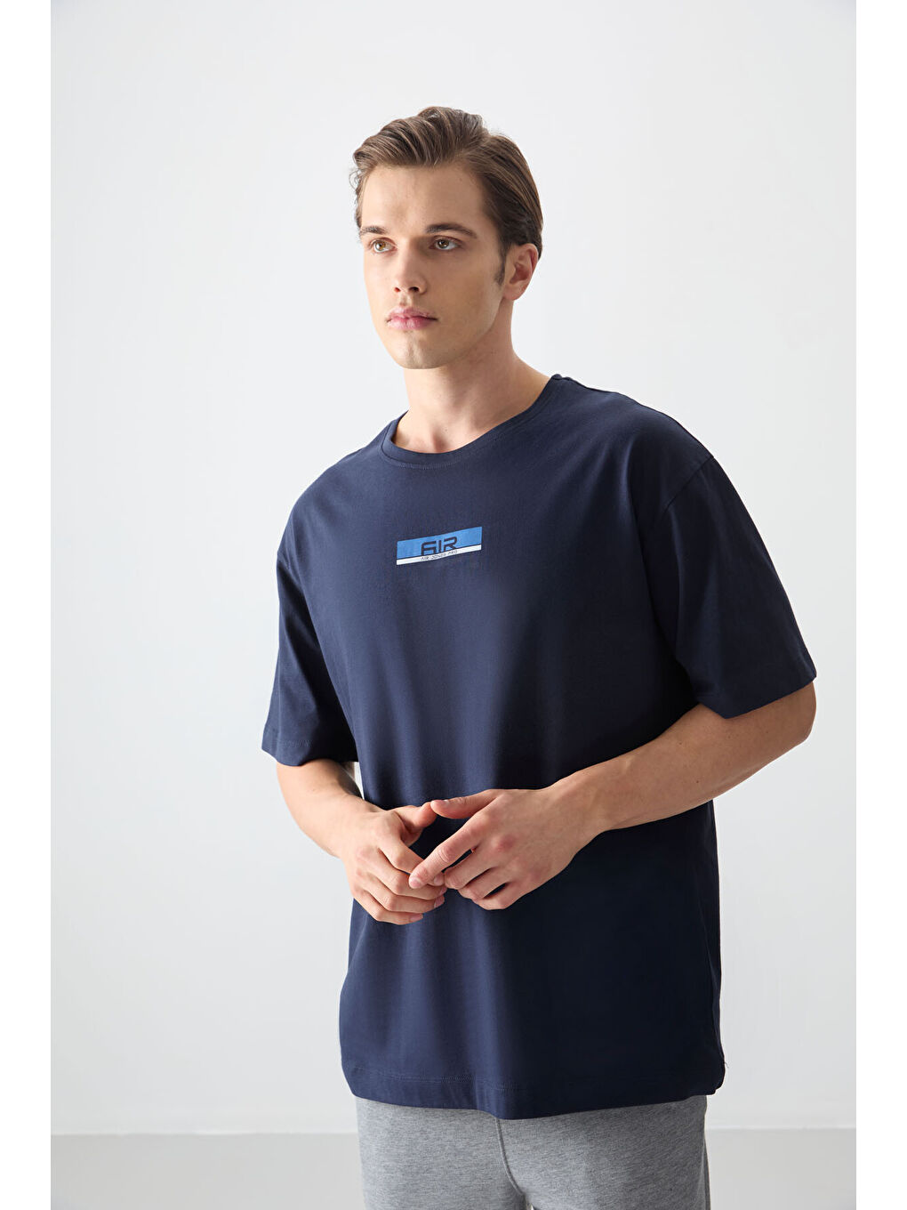 Lacivert %100 Pamuk Kalın Yumuşak Dokulu Oversize Fit Baskılı Erkek Tişört - 88359-3