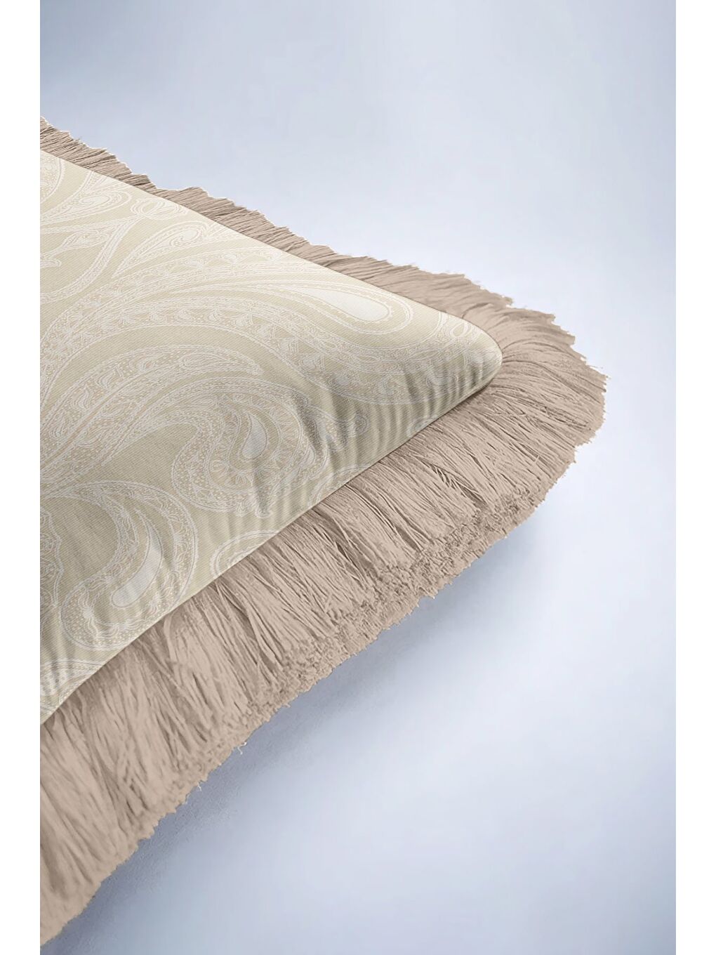 Karışık Zarif Osmanlı Motifli Saçaklı Yastık Kılıfı - Etnik Klasik Bej Altın Renkli Püsküllü Kırlent Kılıfı-6