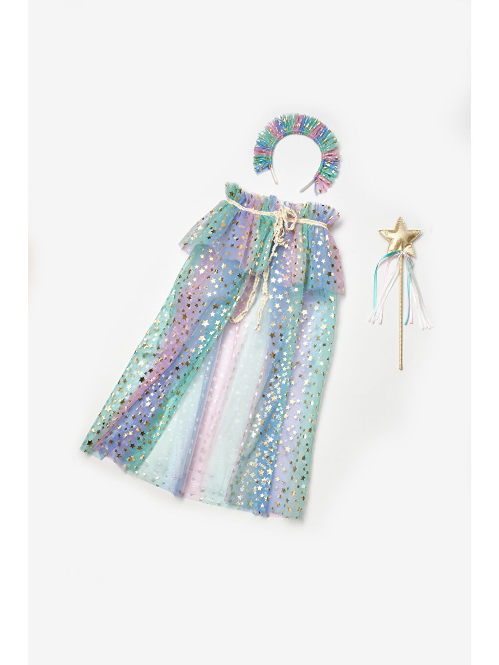 Karışık Yıldız Baskılı Kız Çocuk Pelerin Asa ve Taç Set-1