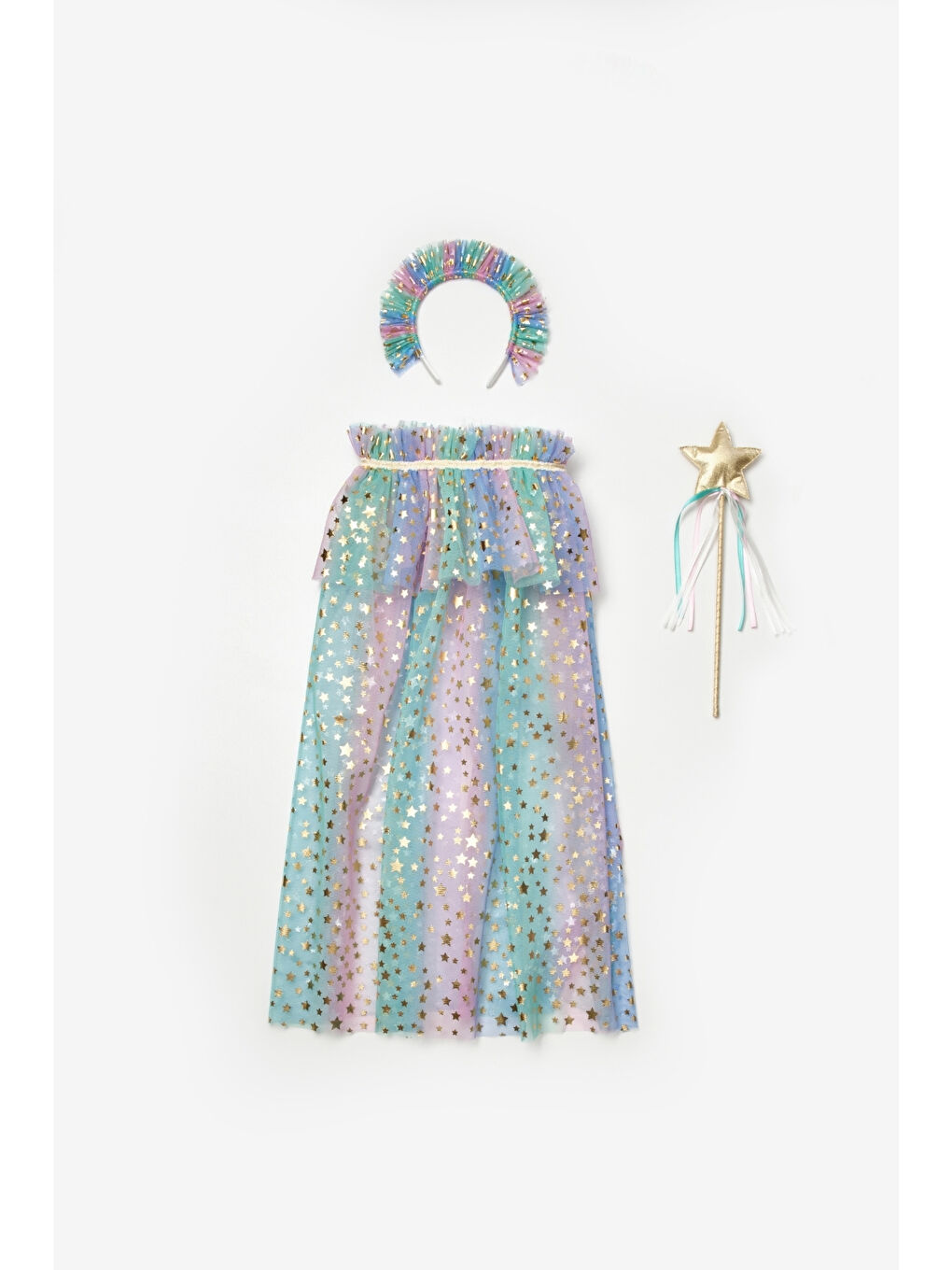 Karışık Yıldız Baskılı Kız Çocuk Pelerin Asa ve Taç Set-2