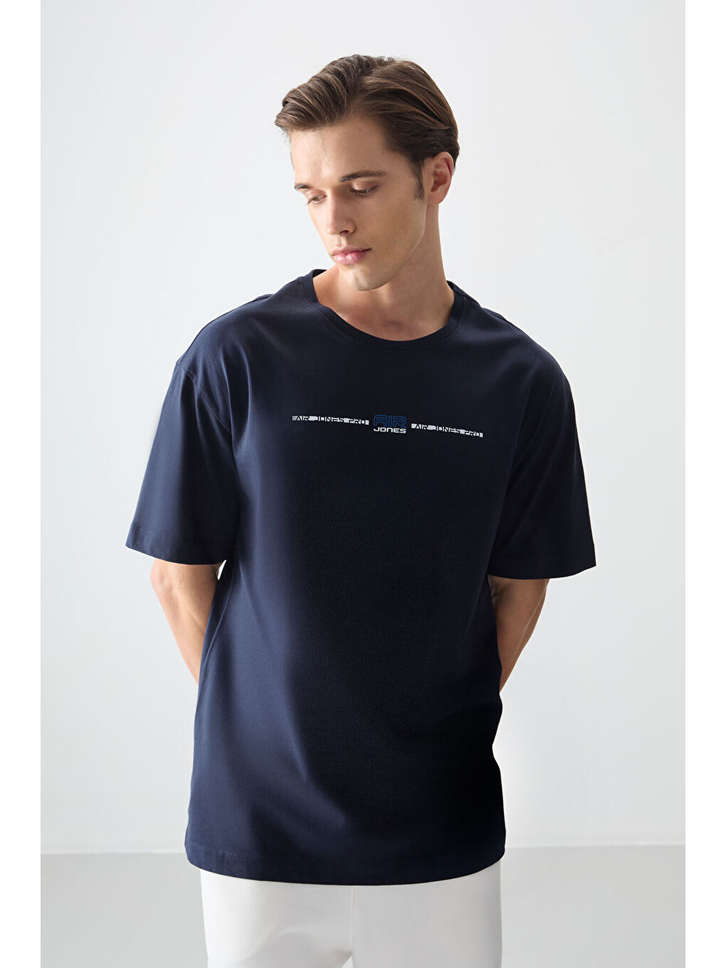 Lacivert %100 Pamuk Kalın Yumuşak Dokulu Oversize Fit Baskılı Erkek Tişört - 88357