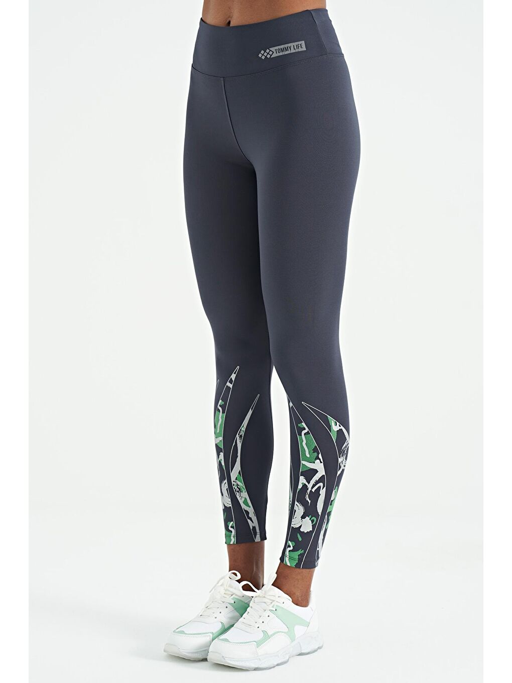 Antrasit Ön Arka Bilekleri Baskılı Yüksek Bel Slim Fit Kadın Tayt - 94634-3