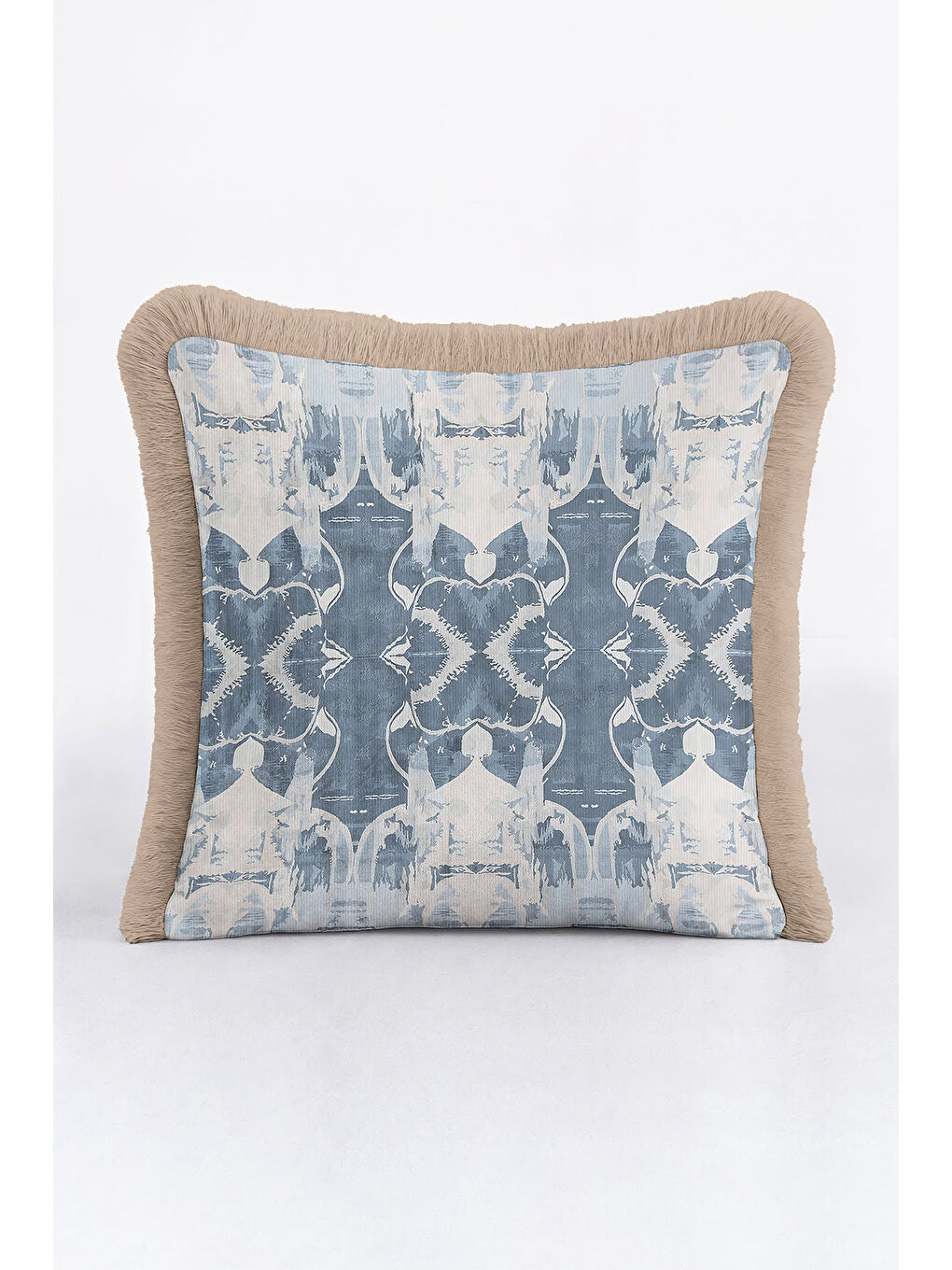 Karışık Lüks İkili Geometrik Saçaklı Yastık Kılıfı - Nordic Bohem Buz Mavi Bej Püsküllü Kırlent Kılıfı