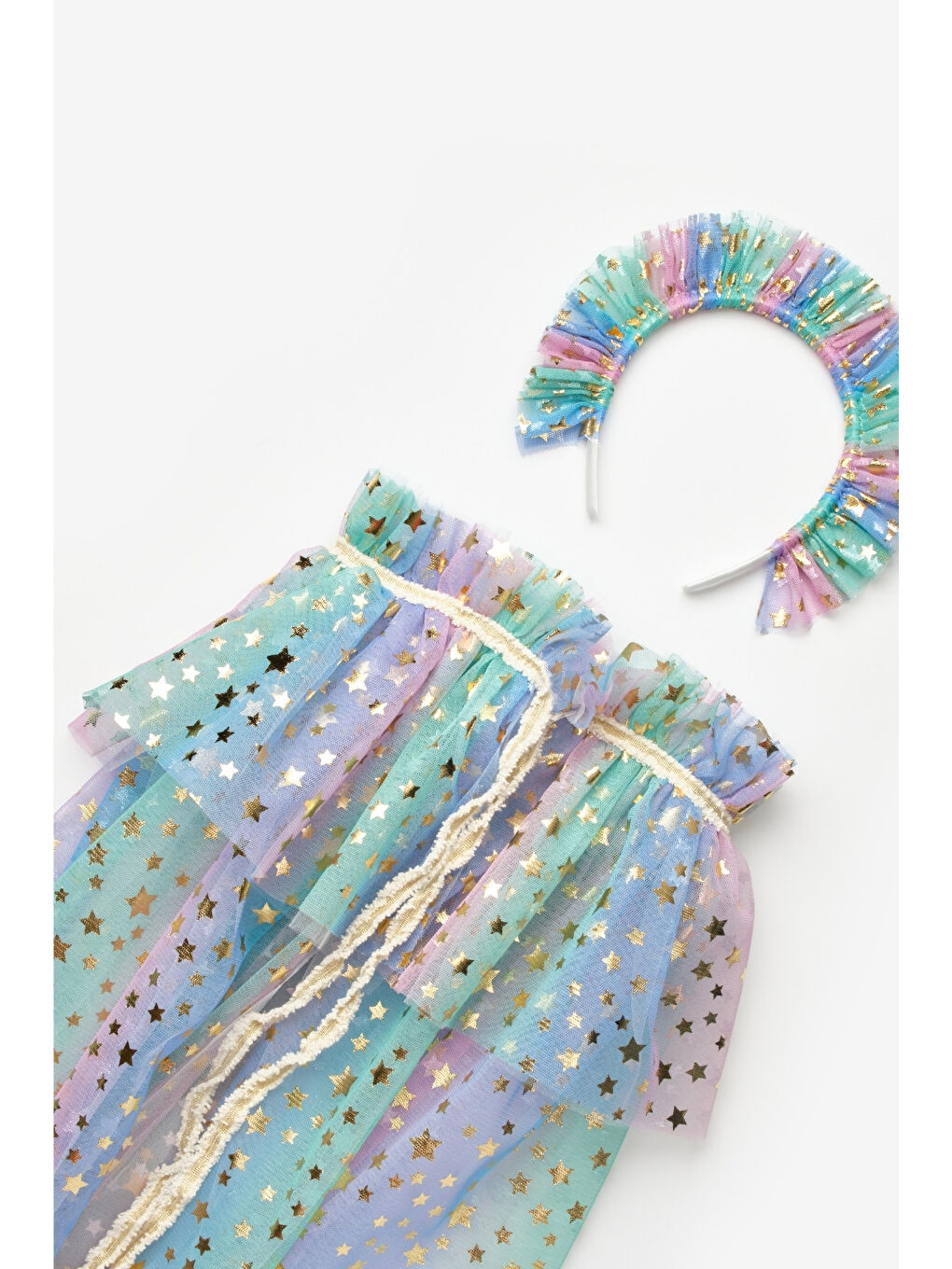 Karışık Yıldız Baskılı Kız Çocuk Pelerin Asa ve Taç Set-3
