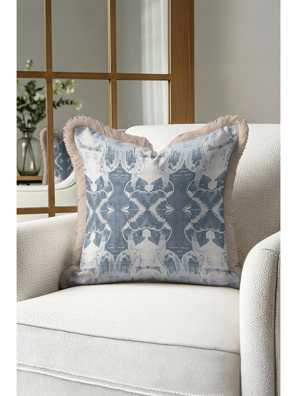 Karışık Lüks İkili Geometrik Saçaklı Yastık Kılıfı - Nordic Bohem Buz Mavi Bej Püsküllü Kırlent Kılıfı-1