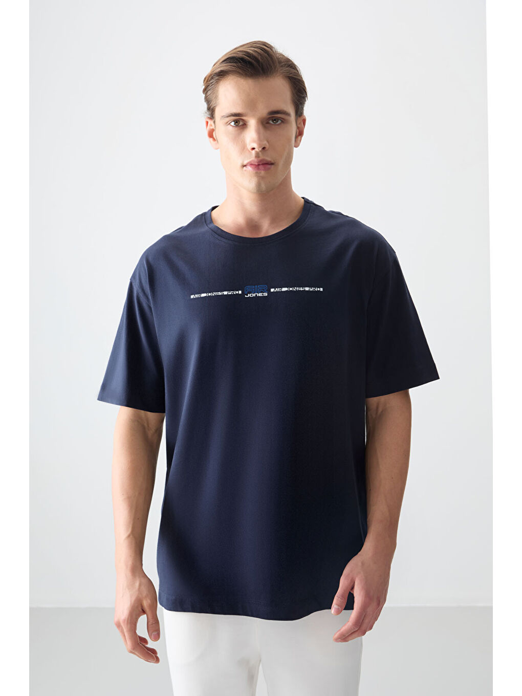 Lacivert %100 Pamuk Kalın Yumuşak Dokulu Oversize Fit Baskılı Erkek Tişört - 88357-3