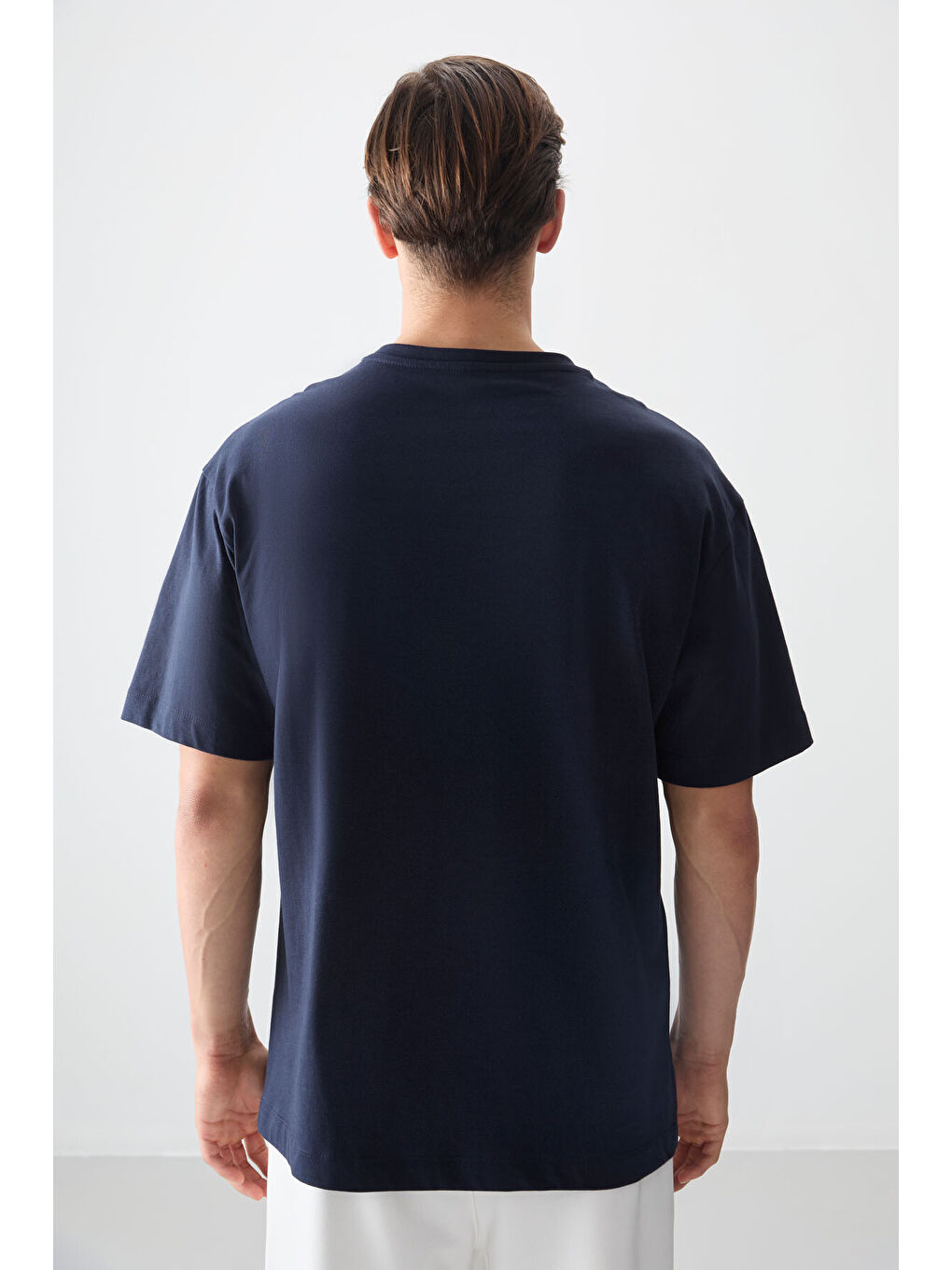 Lacivert %100 Pamuk Kalın Yumuşak Dokulu Oversize Fit Baskılı Erkek Tişört - 88357-4