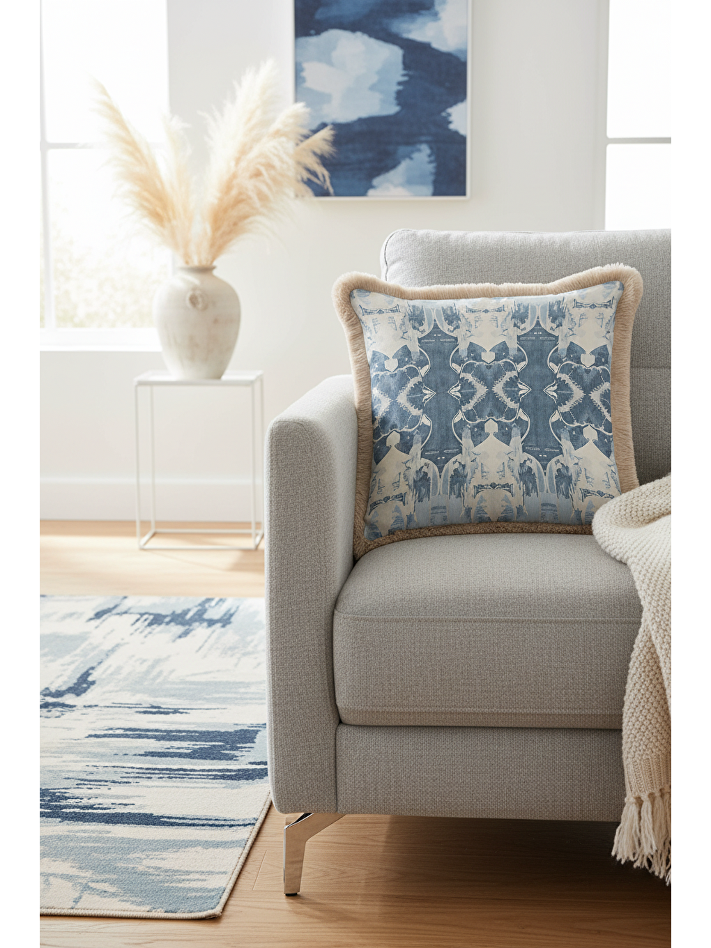 Karışık Lüks İkili Geometrik Saçaklı Yastık Kılıfı - Nordic Bohem Buz Mavi Bej Püsküllü Kırlent Kılıfı-2