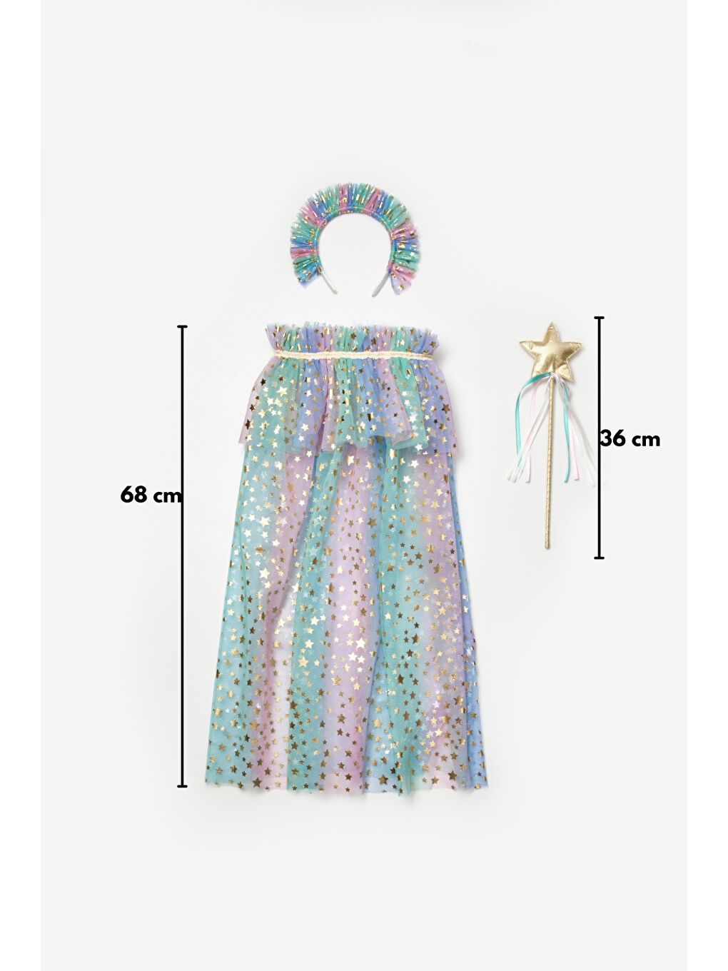 Karışık Yıldız Baskılı Kız Çocuk Pelerin Asa ve Taç Set-4