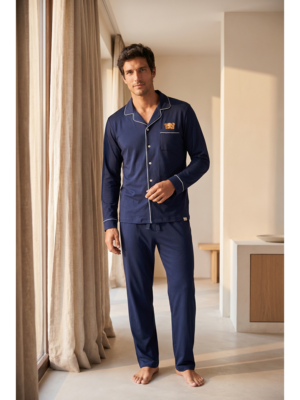 Erkek Teddy Baskılı Kutulu Pijama Takımı Lacivert-2
