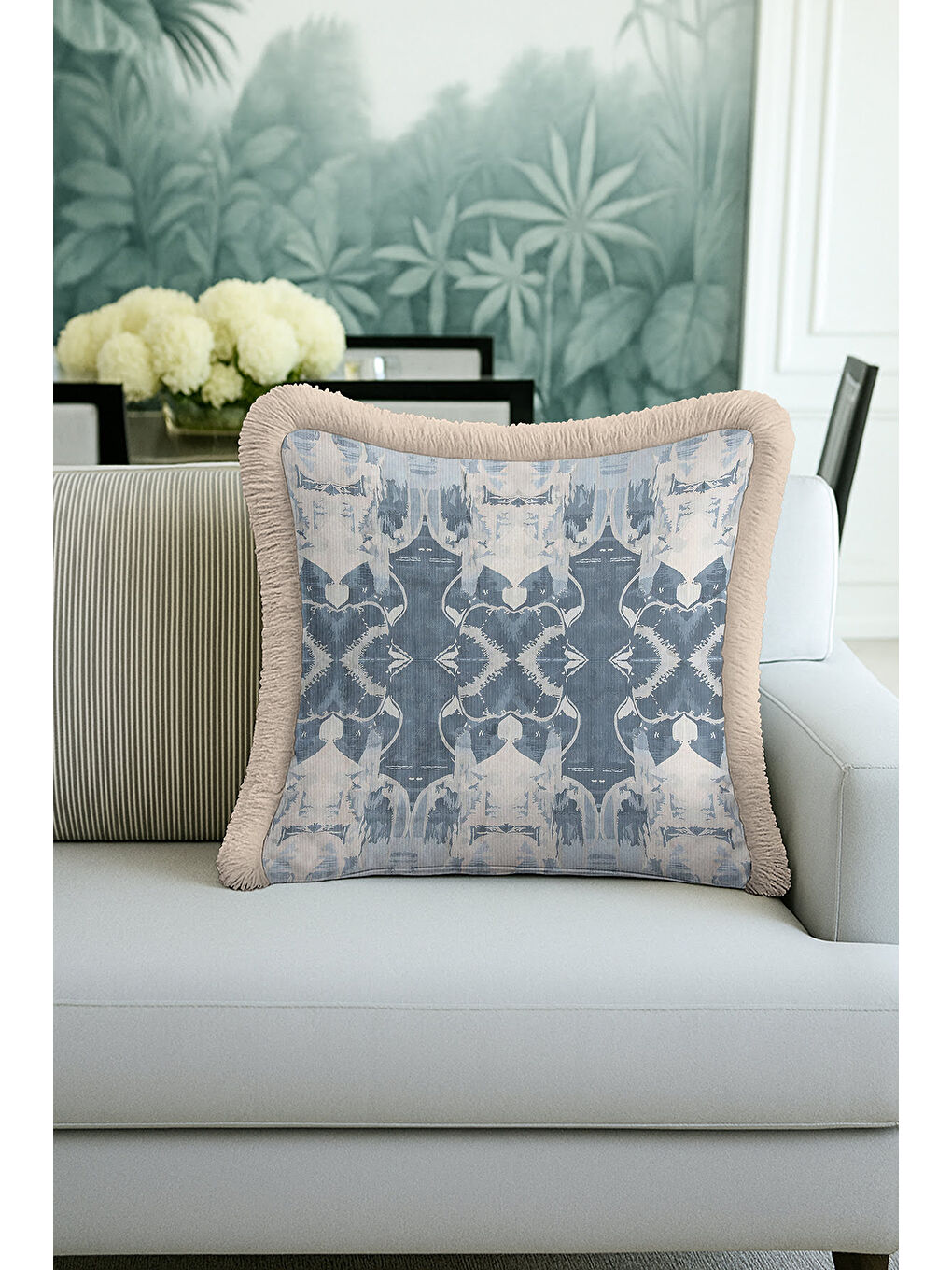 Karışık Lüks İkili Geometrik Saçaklı Yastık Kılıfı - Nordic Bohem Buz Mavi Bej Püsküllü Kırlent Kılıfı-4