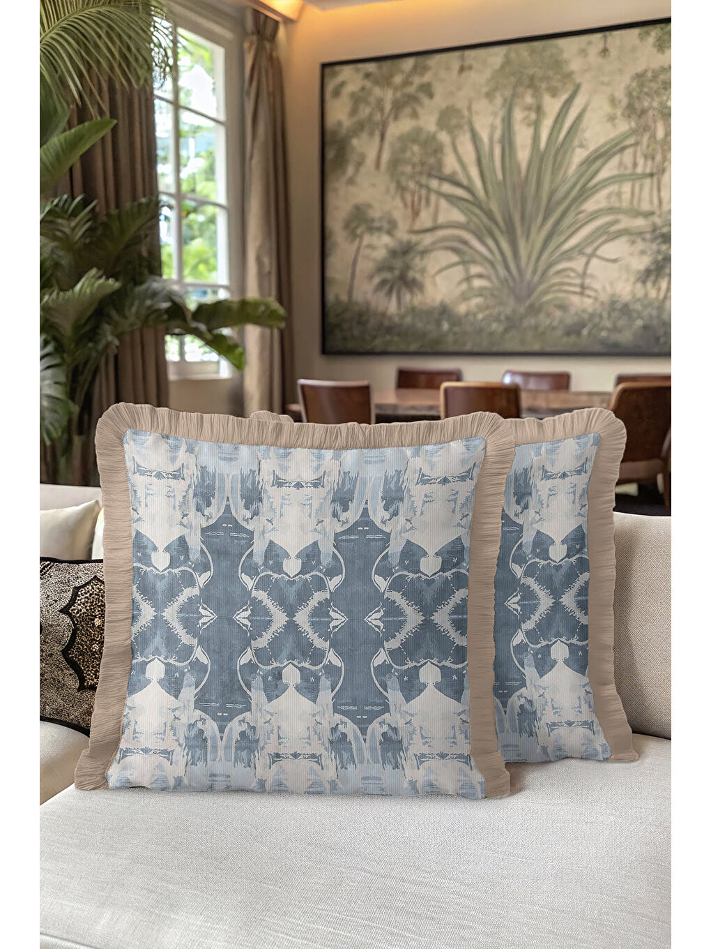 Karışık Lüks İkili Geometrik Saçaklı Yastık Kılıfı - Nordic Bohem Buz Mavi Bej Püsküllü Kırlent Kılıfı-5