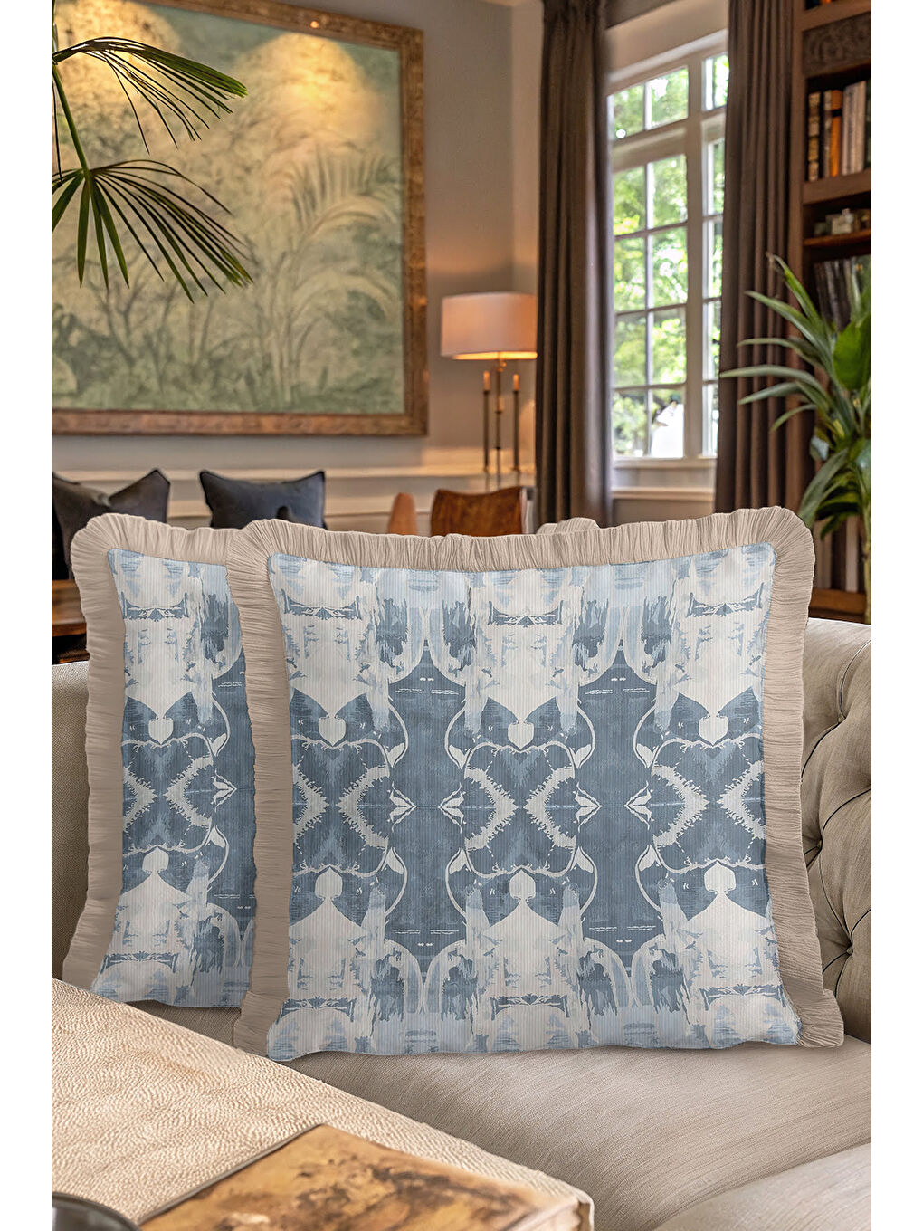 Karışık Lüks İkili Geometrik Saçaklı Yastık Kılıfı - Nordic Bohem Buz Mavi Bej Püsküllü Kırlent Kılıfı-7