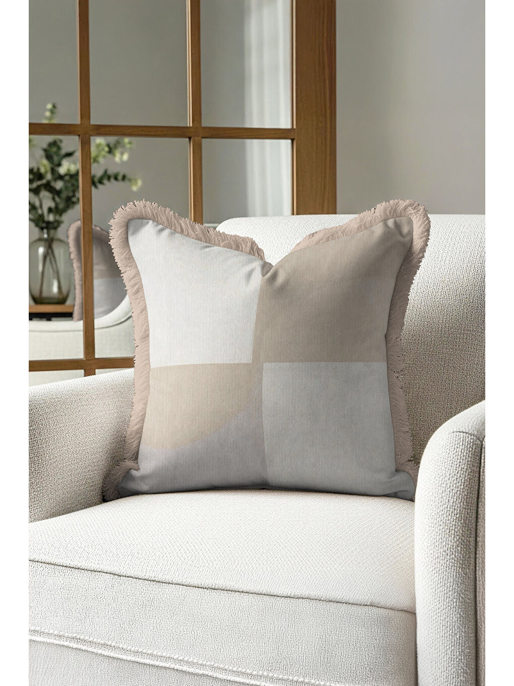 Karışık Zamansız Şıklık Saçaklı Yastık Kılıfı - Soft Minimal Modern Bej Gri Püsküllü Kırlent Kılıfı-2