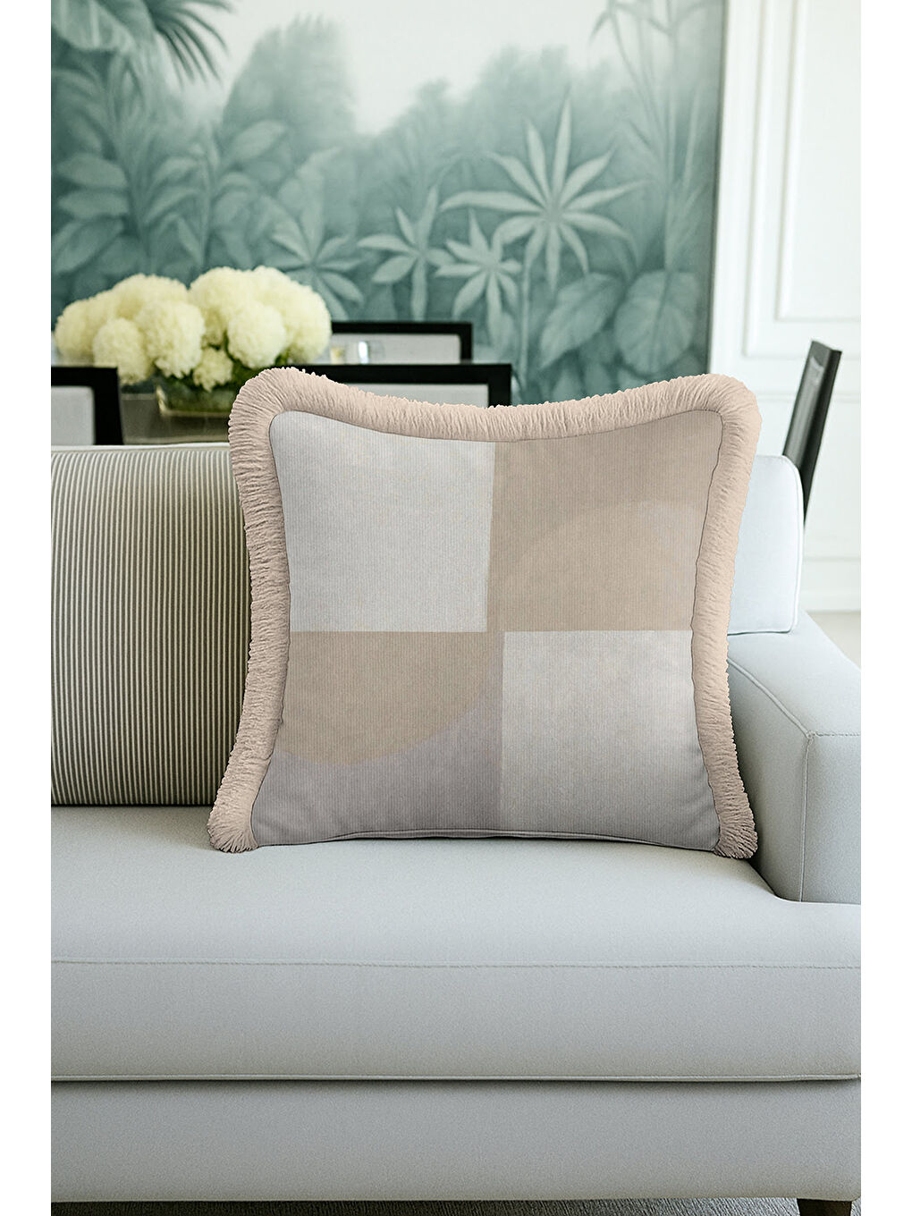 Karışık Zamansız Şıklık Saçaklı Yastık Kılıfı - Soft Minimal Modern Bej Gri Püsküllü Kırlent Kılıfı-4