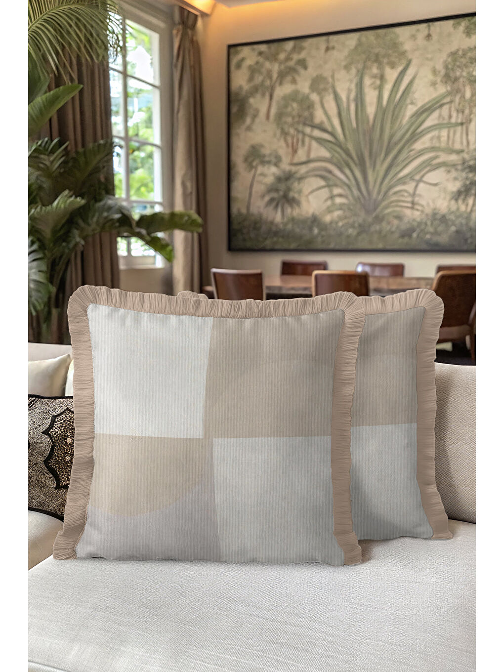 Karışık Zamansız Şıklık Saçaklı Yastık Kılıfı - Soft Minimal Modern Bej Gri Püsküllü Kırlent Kılıfı-5