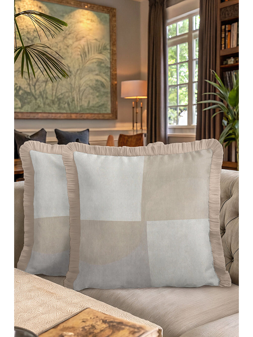 Karışık Zamansız Şıklık Saçaklı Yastık Kılıfı - Soft Minimal Modern Bej Gri Püsküllü Kırlent Kılıfı-7