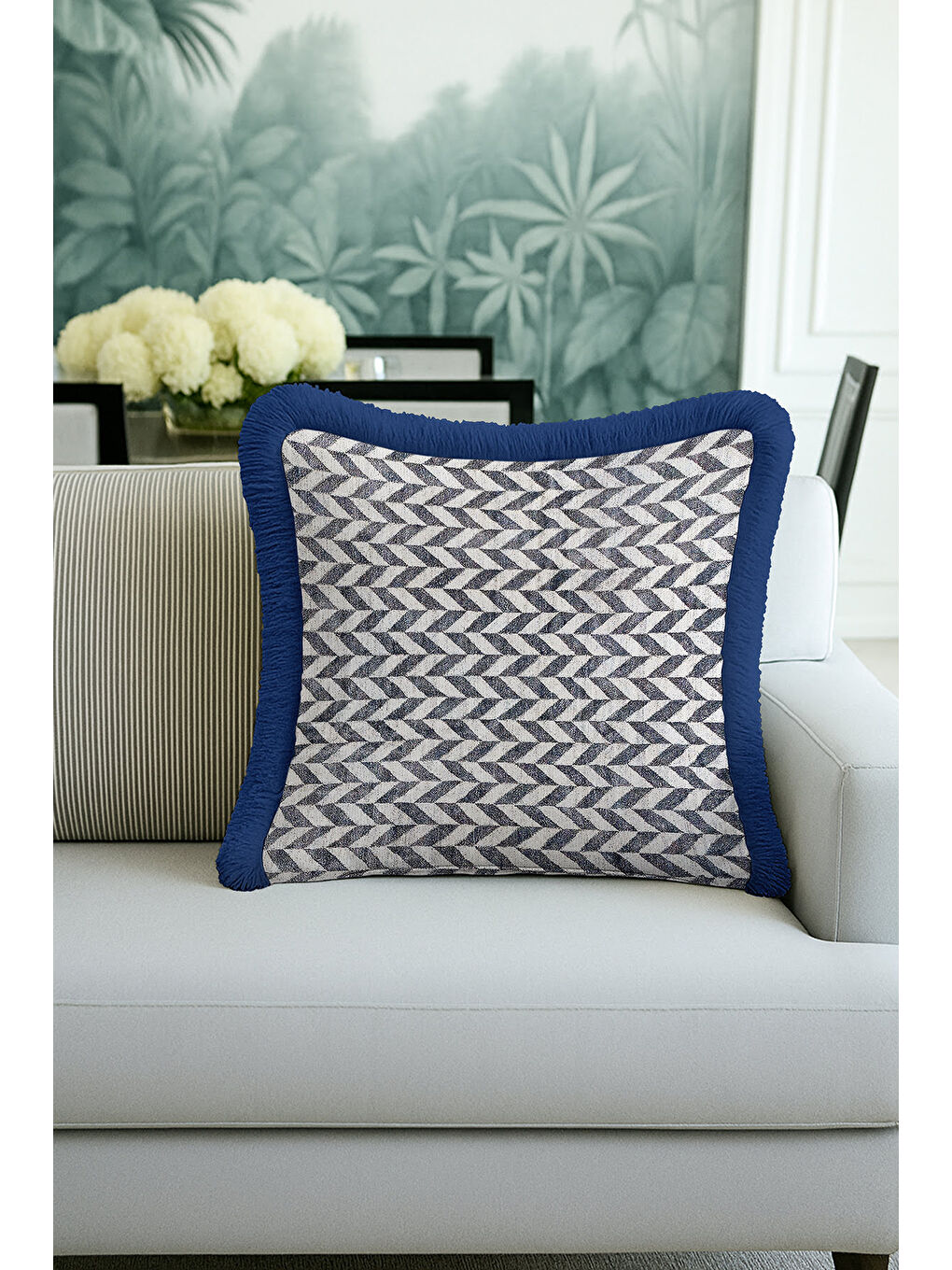 Karışık Zigzag Modern Lüks Saçaklı Yastık Kılıfı - Geometrik Mavi İskandinav Püsküllü Kırlent Kılıfı