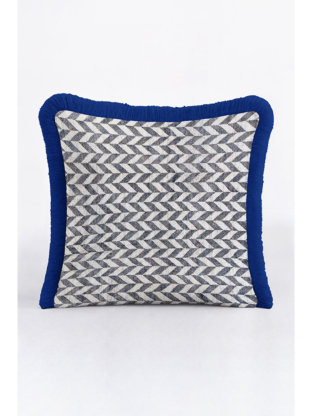 Karışık Zigzag Modern Lüks Saçaklı Yastık Kılıfı - Geometrik Mavi İskandinav Püsküllü Kırlent Kılıfı-1