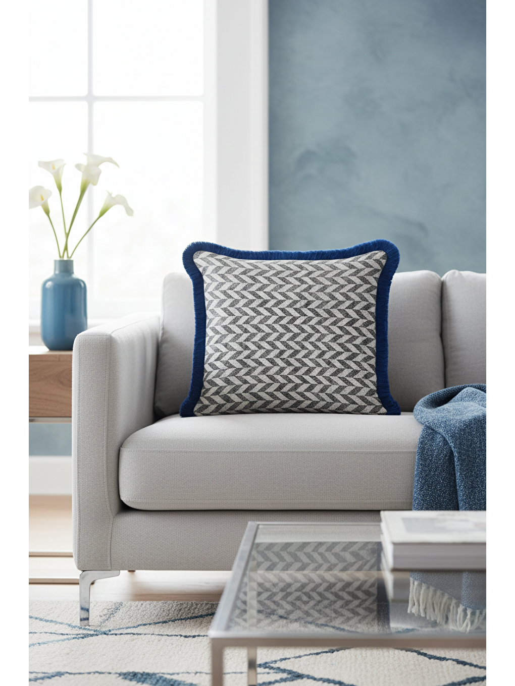 Karışık Zigzag Modern Lüks Saçaklı Yastık Kılıfı - Geometrik Mavi İskandinav Püsküllü Kırlent Kılıfı-2