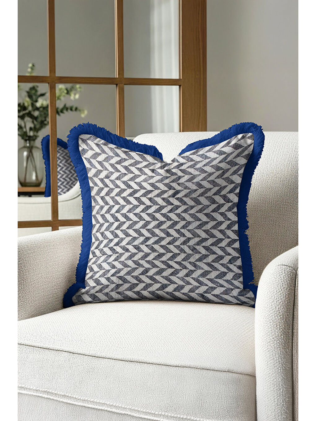 Karışık Zigzag Modern Lüks Saçaklı Yastık Kılıfı - Geometrik Mavi İskandinav Püsküllü Kırlent Kılıfı-4