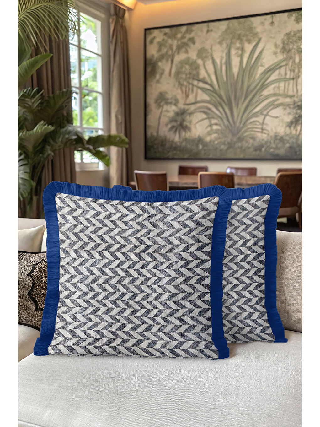 Karışık Zigzag Modern Lüks Saçaklı Yastık Kılıfı - Geometrik Mavi İskandinav Püsküllü Kırlent Kılıfı-5