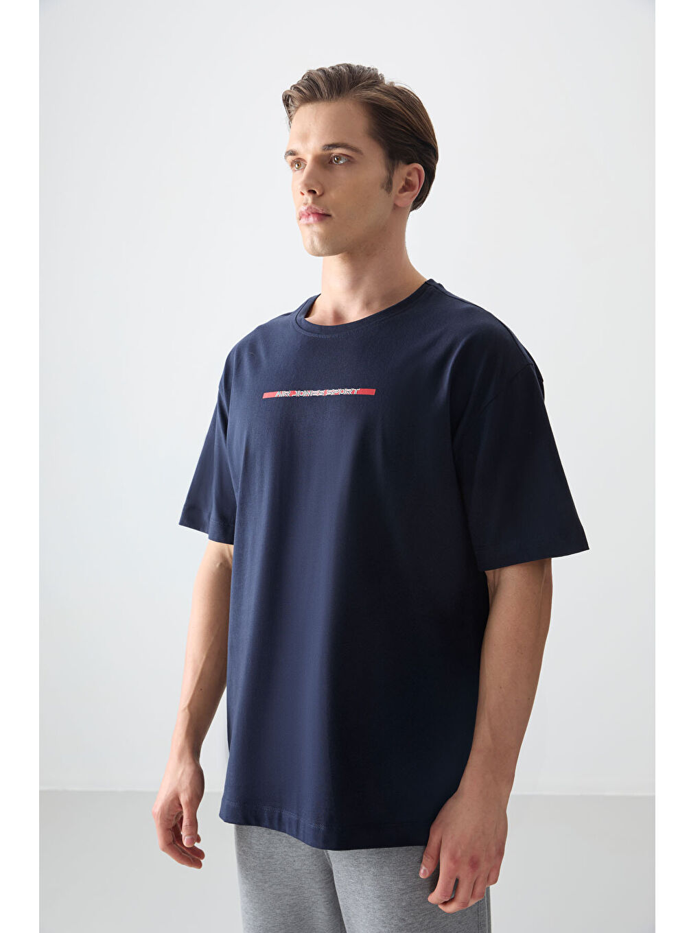 Lacivert %100 Pamuk Kalın Yumuşak Dokulu Oversize Fit Baskılı Erkek Tişört - 88358-2