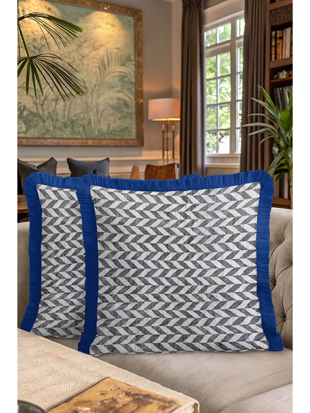 Karışık Zigzag Modern Lüks Saçaklı Yastık Kılıfı - Geometrik Mavi İskandinav Püsküllü Kırlent Kılıfı-7