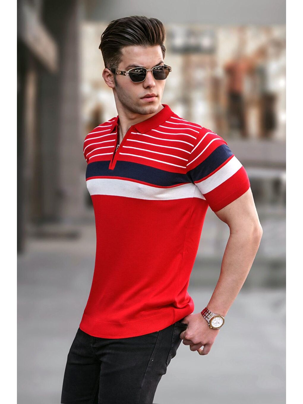 Erkek Kırmızı Polo Yaka Fermuarlı Tişört 5732