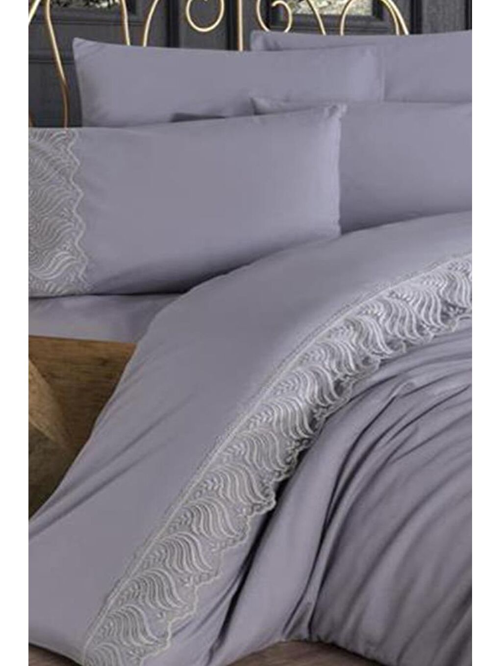 Karışık Fransız Dantelli Wave Çeyizlik Nevresim Takımı Gri