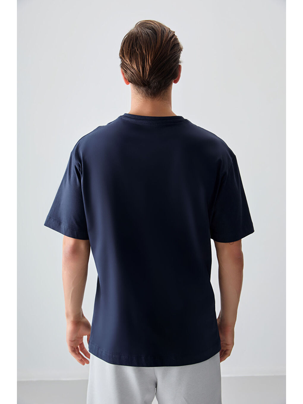 Lacivert %100 Pamuk Kalın Yumuşak Dokulu Oversize Fit Baskılı Erkek Tişört - 88355-3