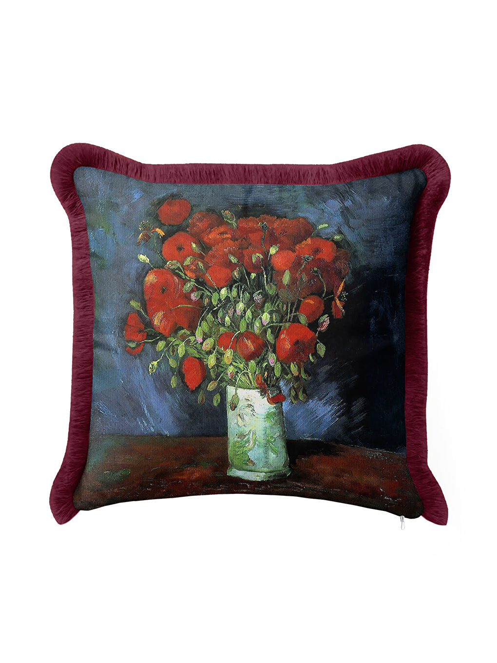 Karışık Sanatsal Çiçek Aranjmanlı Saçaklı Yastık Kılıfı - Klasik Rustik Bordo Püsküllü Kırlent Kılıfı