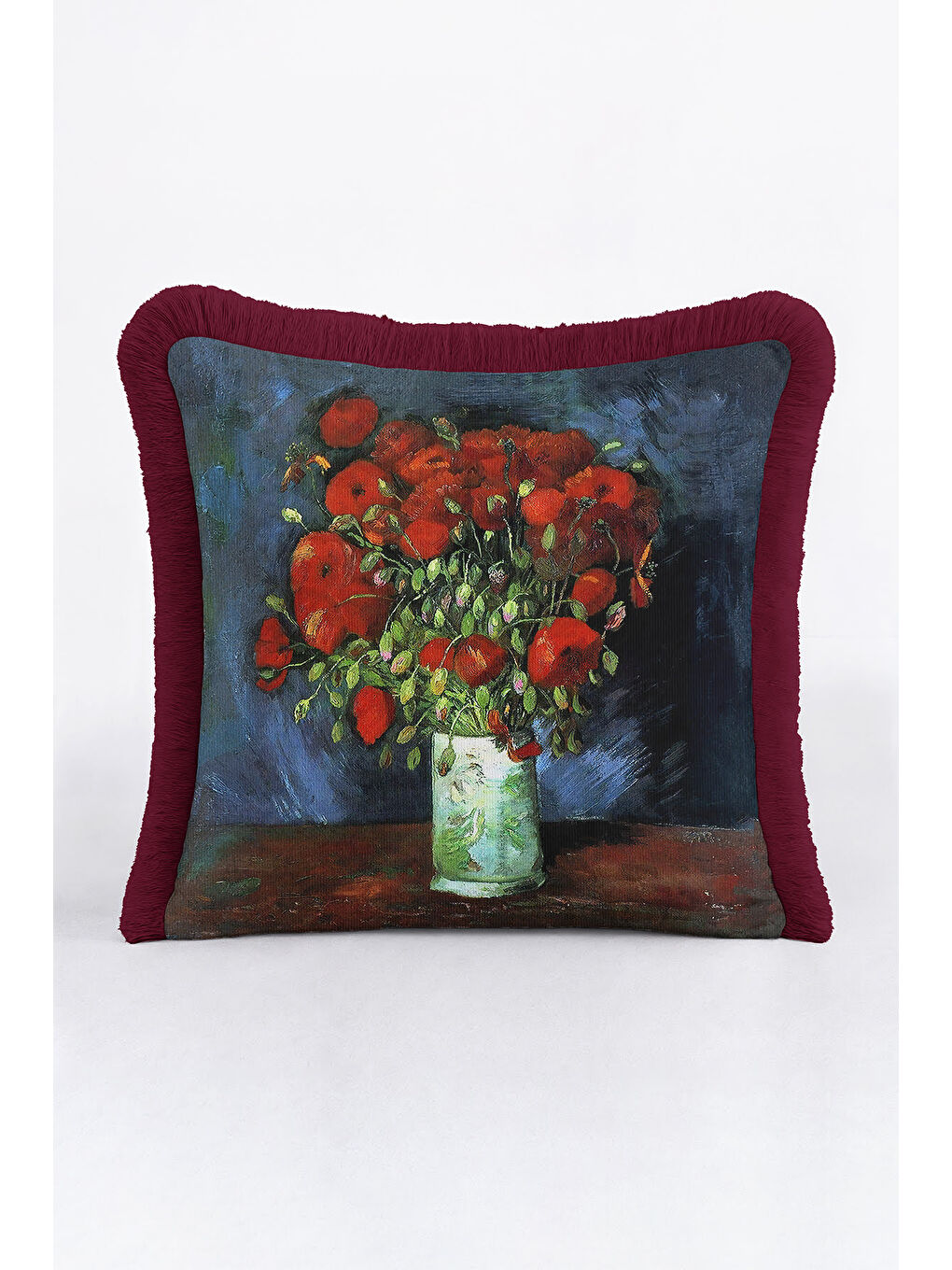 Karışık Sanatsal Çiçek Aranjmanlı Saçaklı Yastık Kılıfı - Klasik Rustik Bordo Püsküllü Kırlent Kılıfı-1