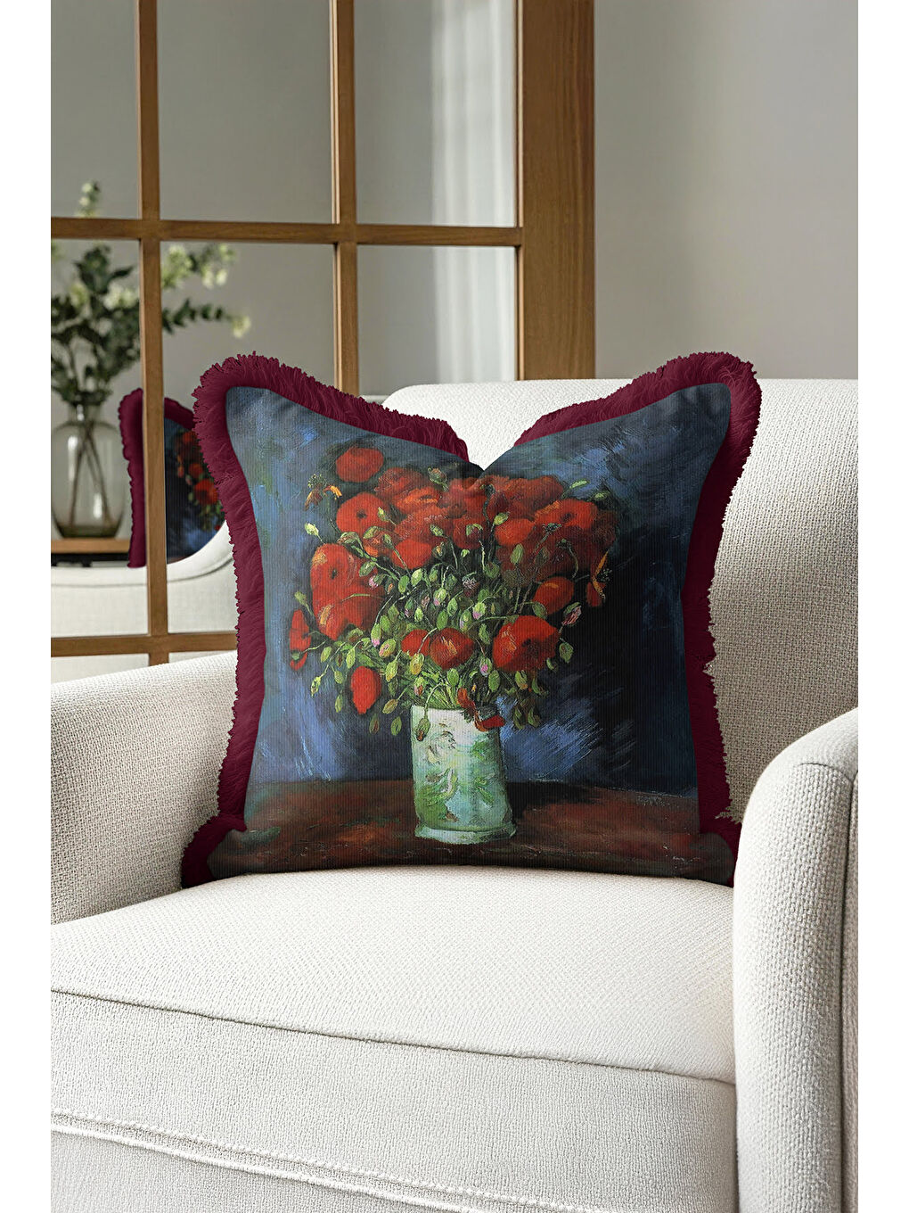 Karışık Sanatsal Çiçek Aranjmanlı Saçaklı Yastık Kılıfı - Klasik Rustik Bordo Püsküllü Kırlent Kılıfı-2