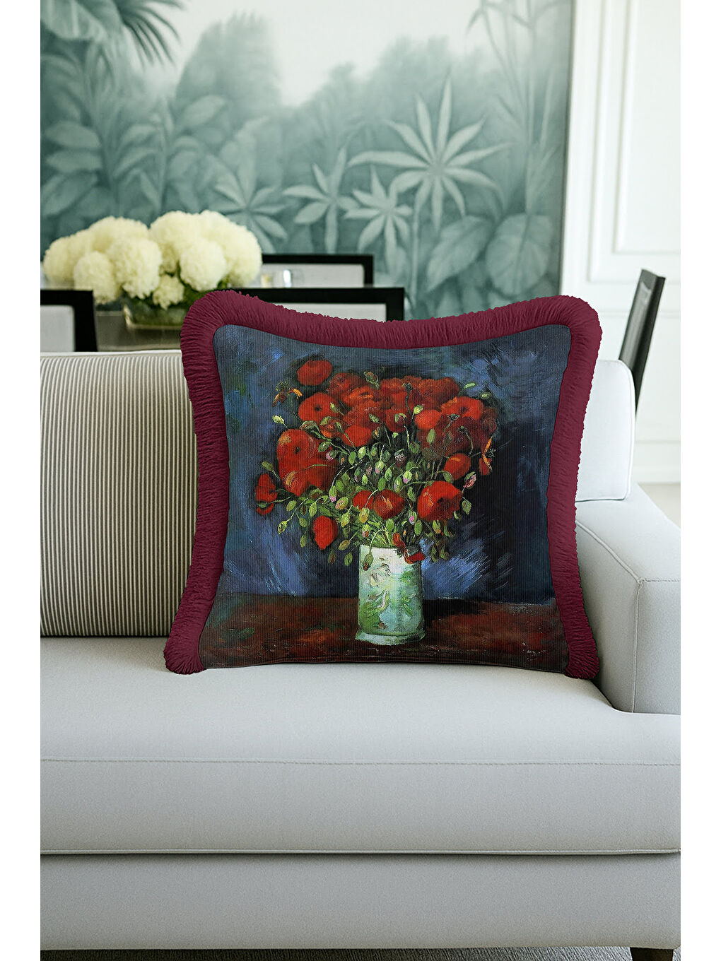 Karışık Sanatsal Çiçek Aranjmanlı Saçaklı Yastık Kılıfı - Klasik Rustik Bordo Püsküllü Kırlent Kılıfı-3