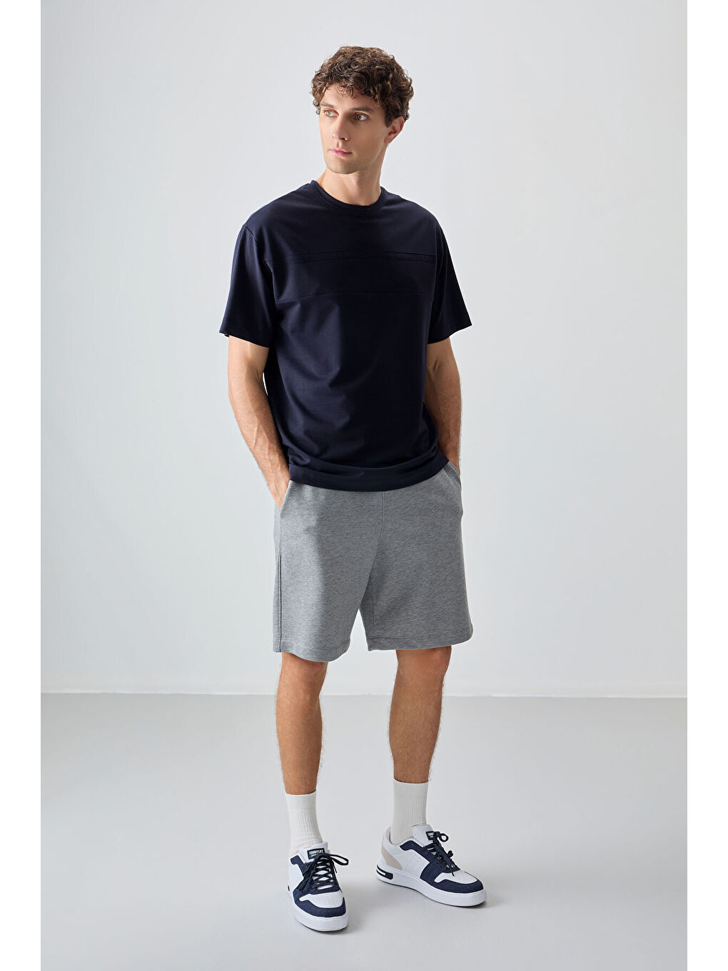 Lacivert Pamuklu Kalın Yumuşak Dokulu Oversize Fit Basic Erkek Tişört - 88378-2