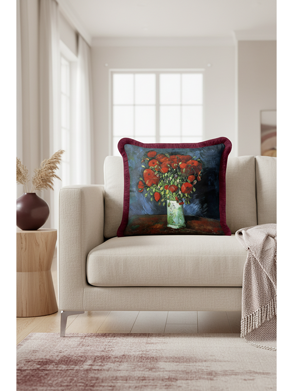 Karışık Sanatsal Çiçek Aranjmanlı Saçaklı Yastık Kılıfı - Klasik Rustik Bordo Püsküllü Kırlent Kılıfı-4